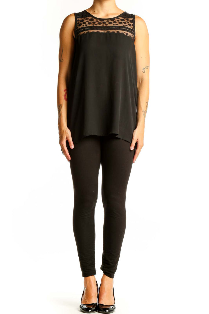 Front view of Papermoon Black Sleeveless Top with Polka Dot Mesh Panel