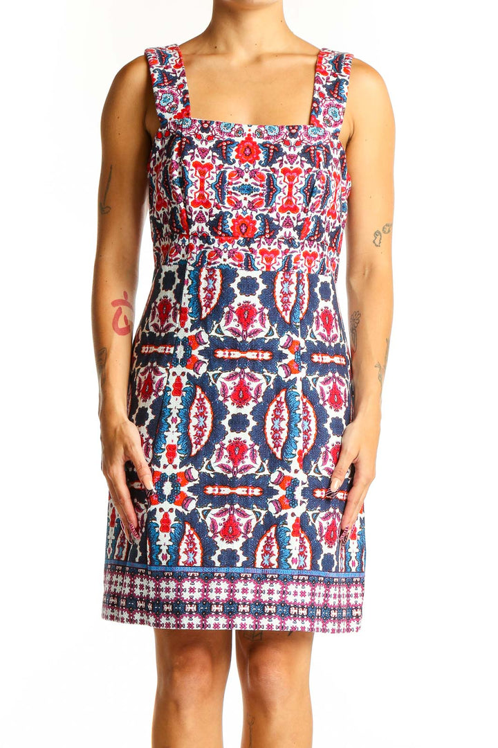 Front view of Taylor Red and Blue Floral Print Sleeveless Dress