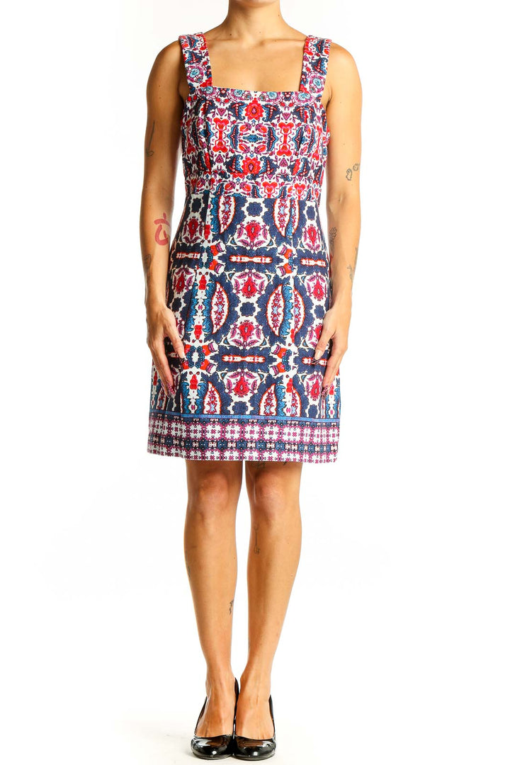 Front view of Taylor Red and Blue Floral Print Sleeveless Dress