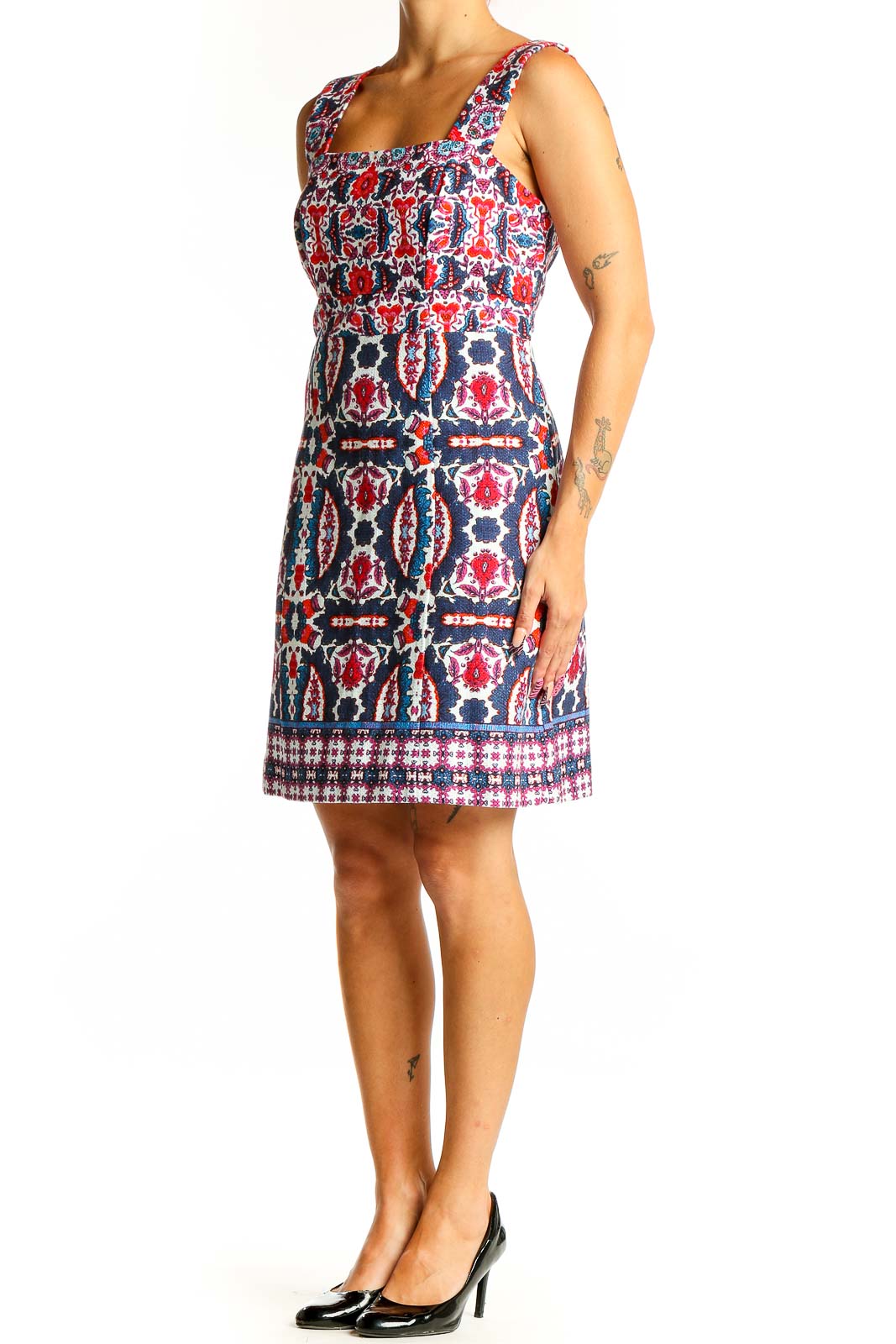 Front view of Taylor Red and Blue Floral Print Sleeveless Dress