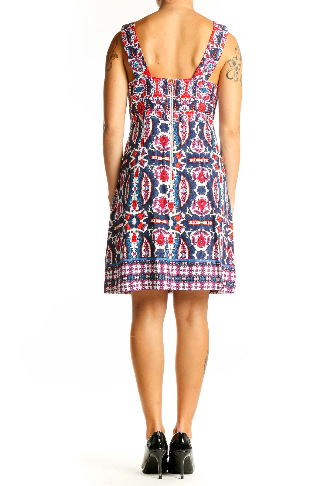 Side view of Taylor Red and Blue Floral Print Sleeveless Dress