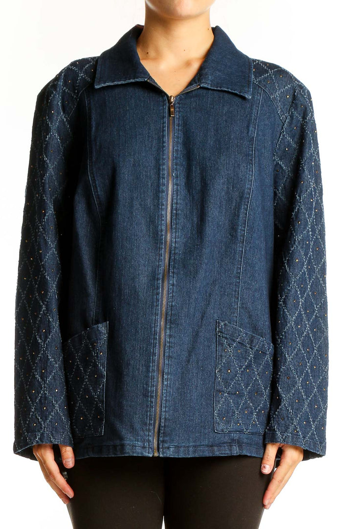 Front view of Alfred Dunner blue denim jacket with quilted sleeves
