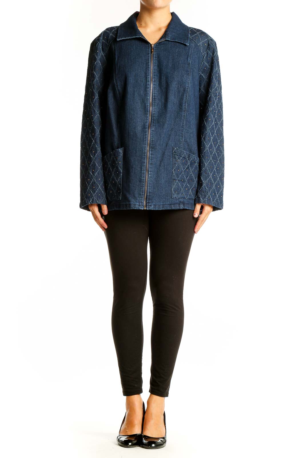 Front view of Alfred Dunner blue denim jacket with quilted sleeves