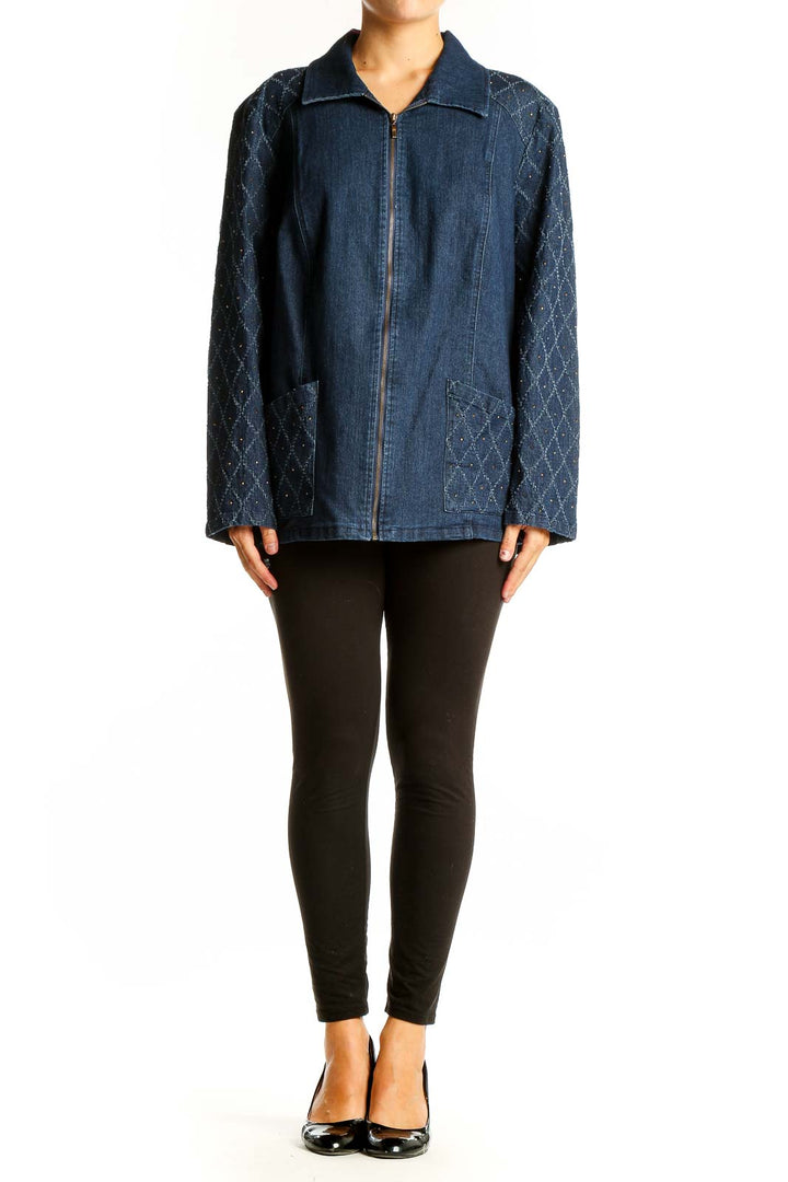 Front view of Alfred Dunner blue denim jacket with quilted sleeves
