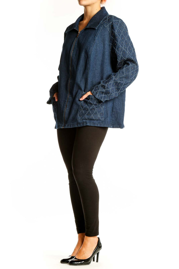 Front view of Alfred Dunner blue denim jacket with quilted sleeves