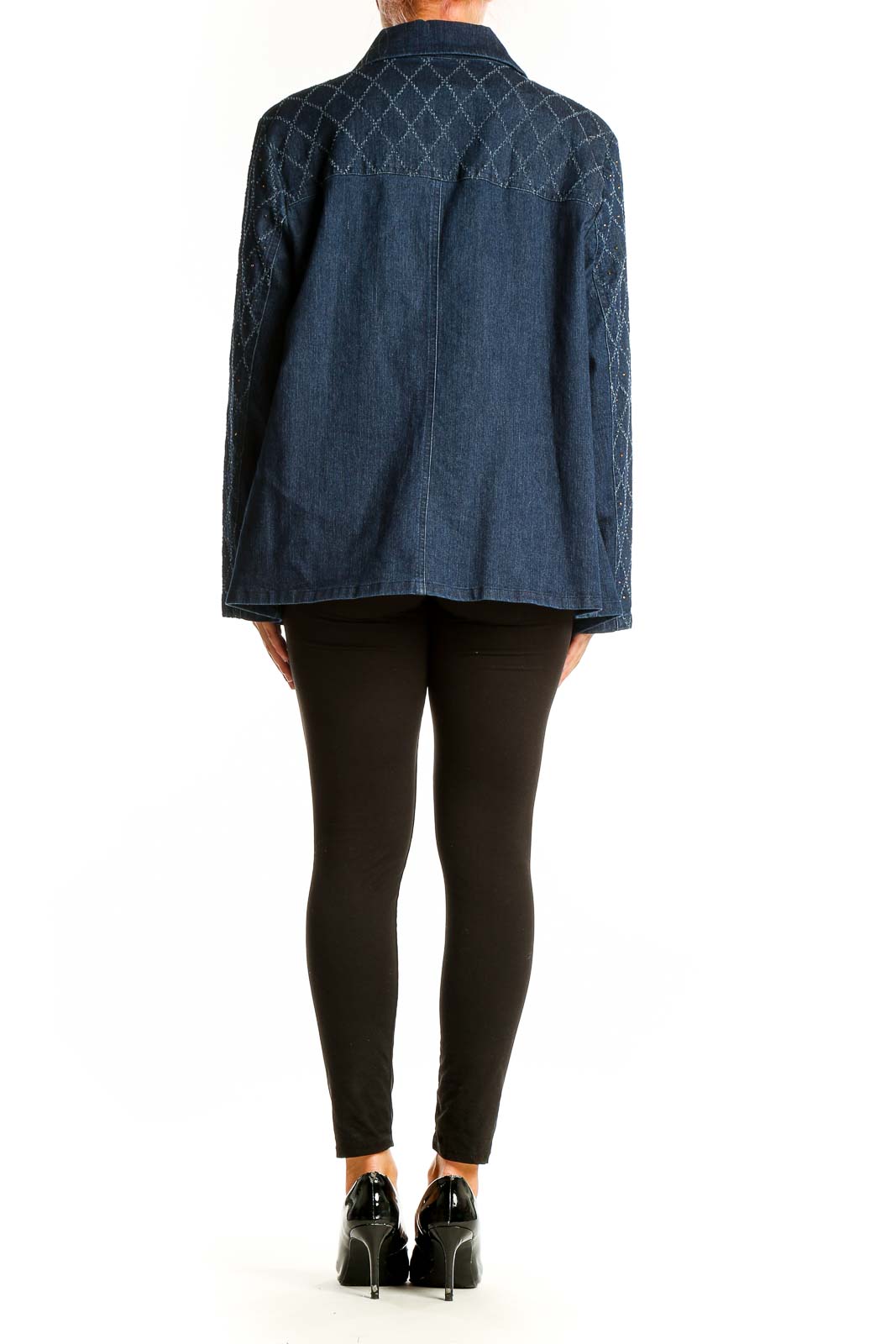 Back view of Alfred Dunner blue denim jacket showing quilted sleeve detail