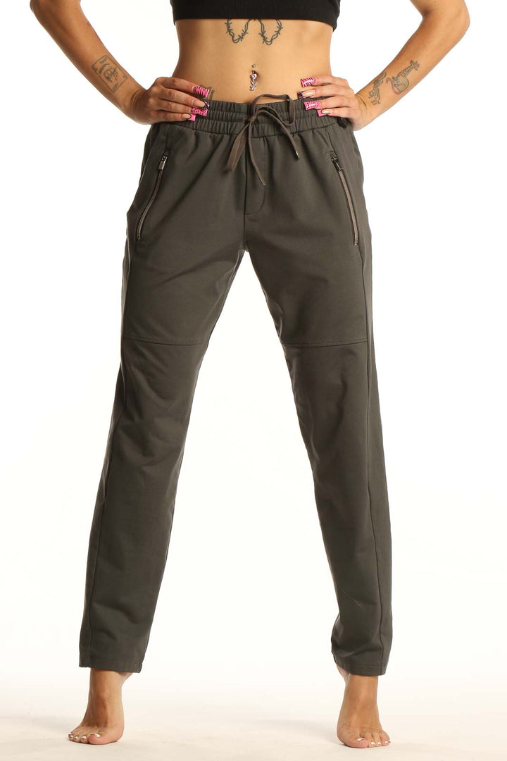 Front view of olive green Athleta activewear pants with drawstring waist
