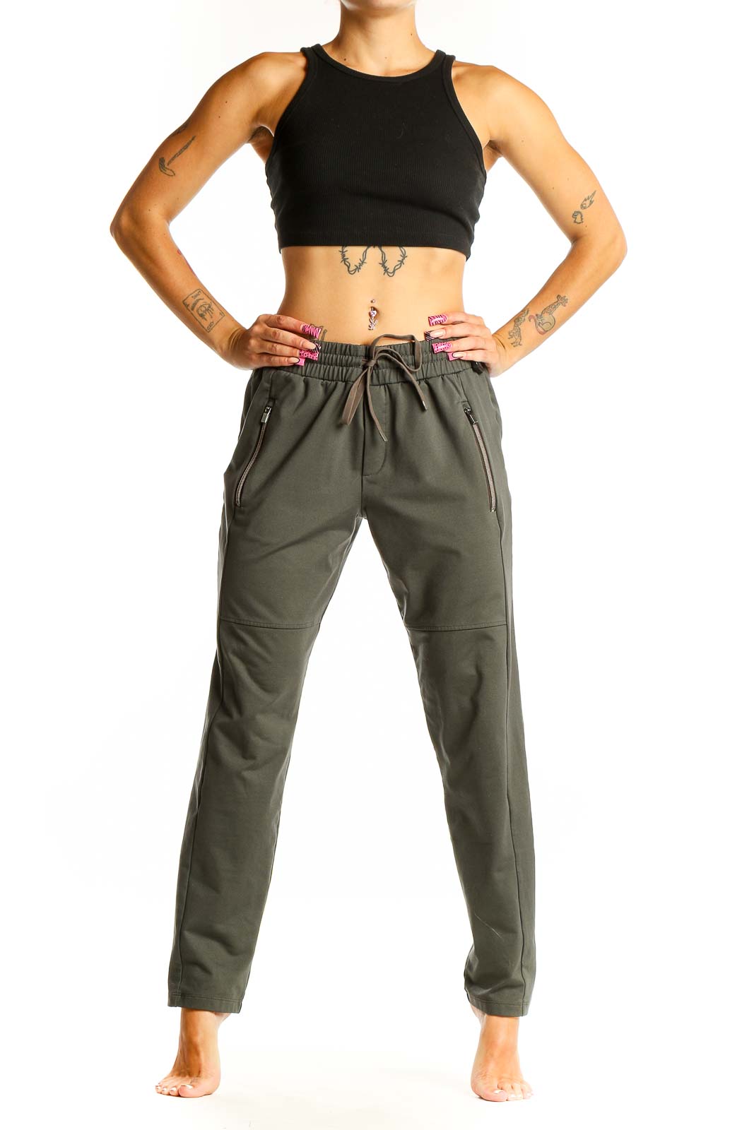 Front view of olive green Athleta activewear pants with drawstring waist