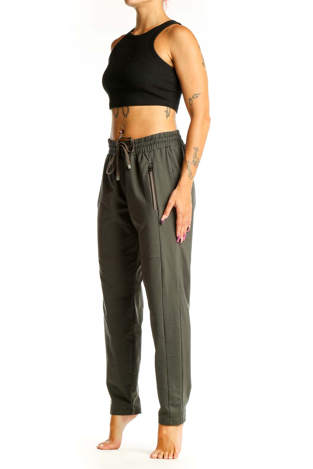 Front view of olive green Athleta activewear pants with drawstring waist
