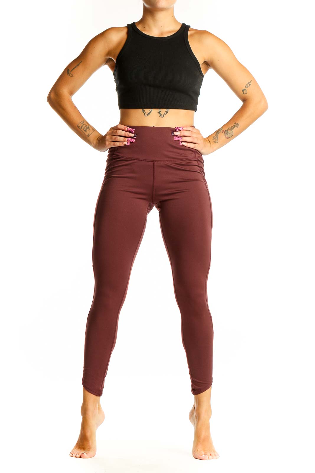 Front view of burgundy high-waisted Aventura activewear leggings