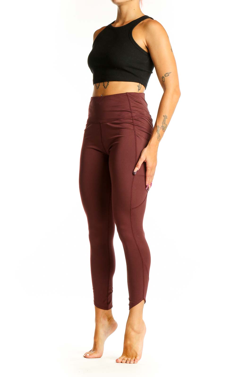 Front view of burgundy high-waisted Aventura activewear leggings