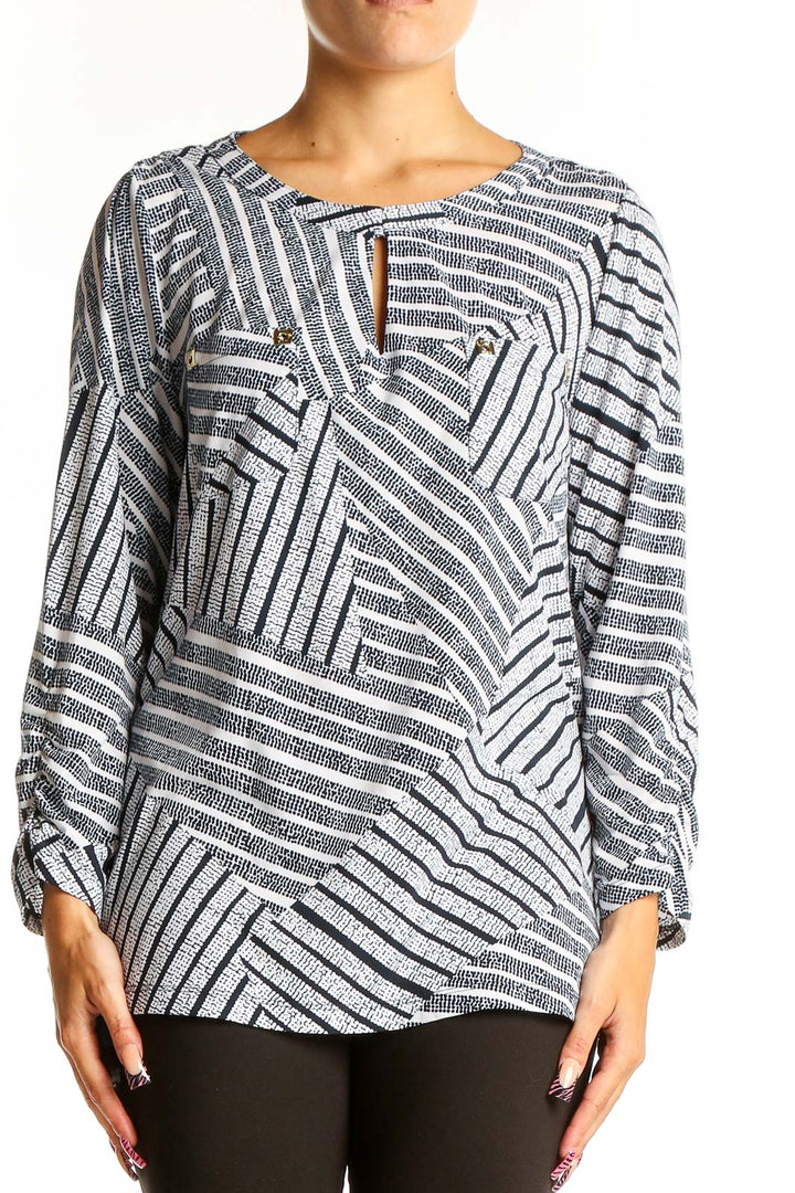 Front view of Anne Klein Gray Striped Geometric Print Tunic Top