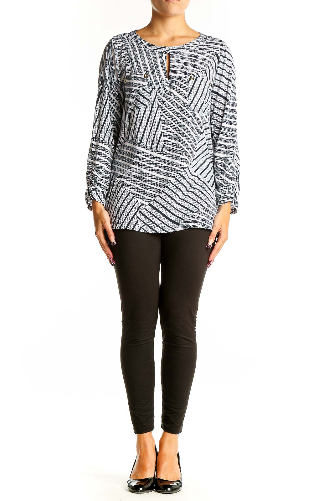 Front view of Anne Klein Gray Striped Geometric Print Tunic Top