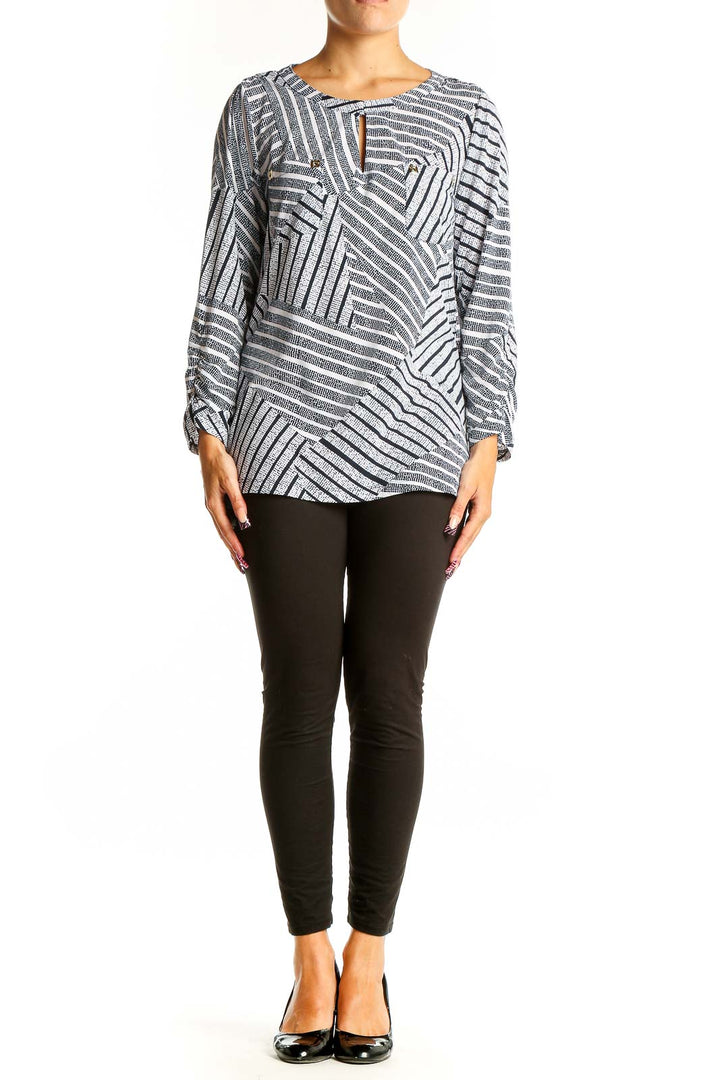 Front view of Anne Klein Gray Striped Geometric Print Tunic Top
