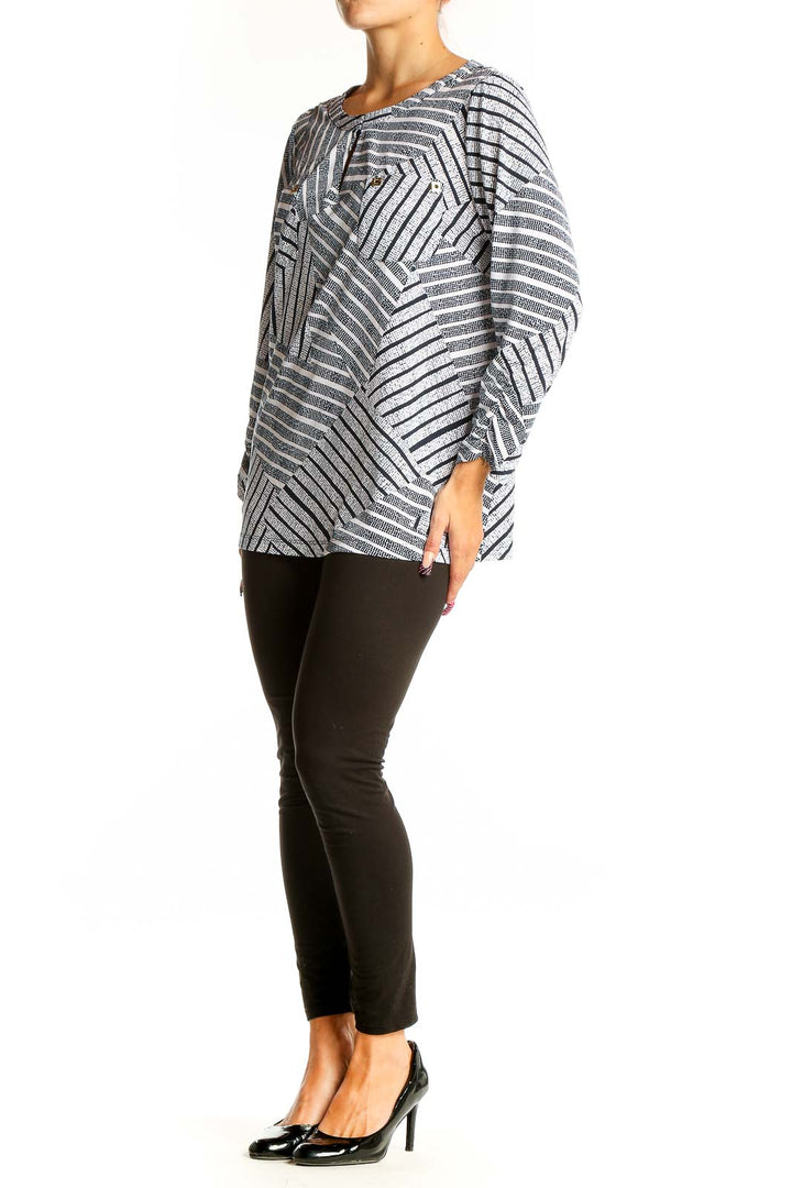 Front view of Anne Klein Gray Striped Geometric Print Tunic Top