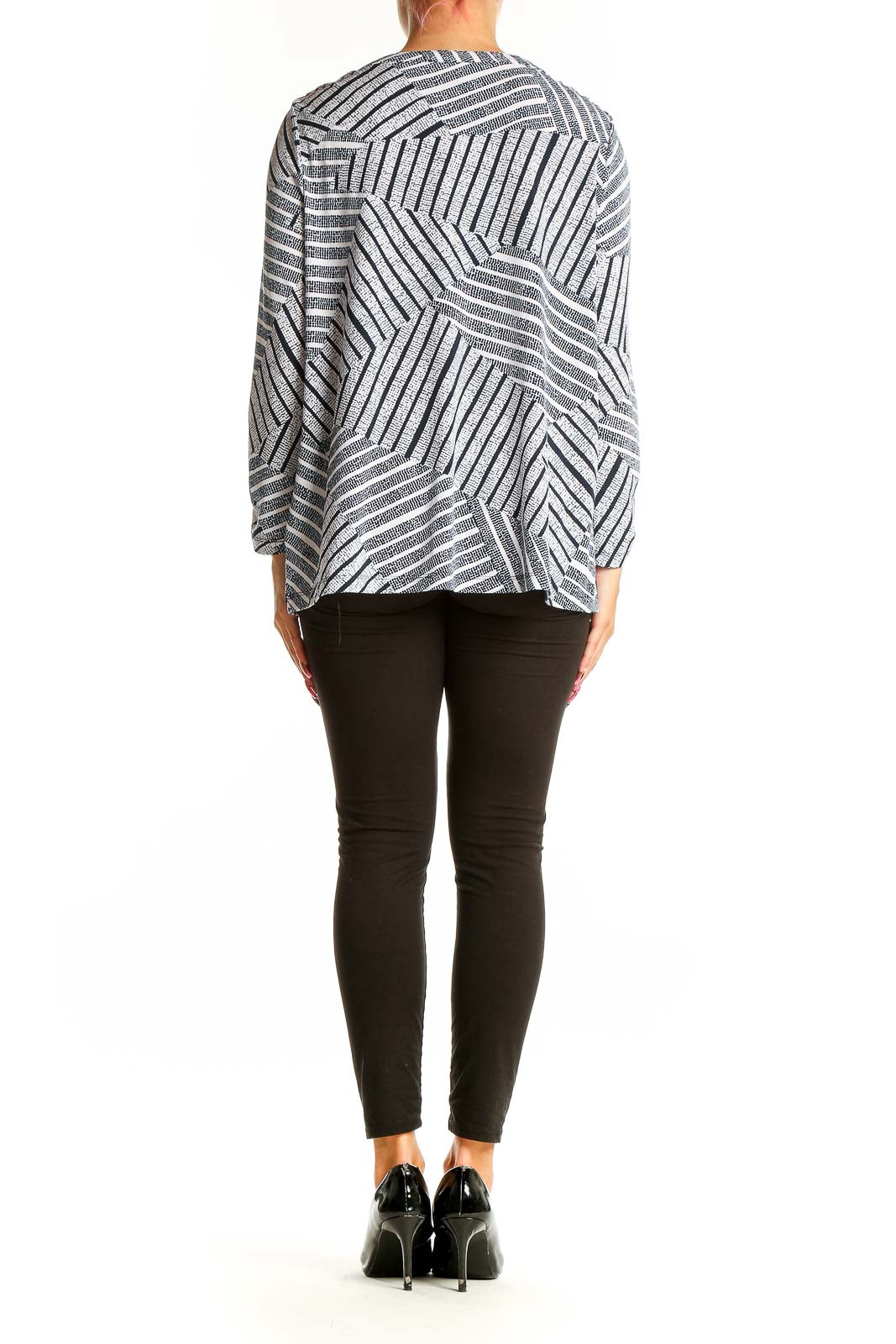 Back view of Anne Klein Gray Striped Geometric Print Tunic Top on model
