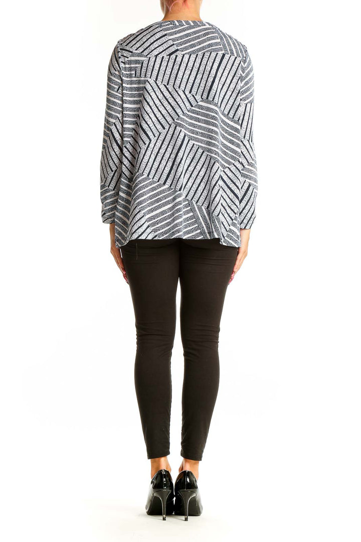 Back view of Anne Klein Gray Striped Geometric Print Tunic Top on model