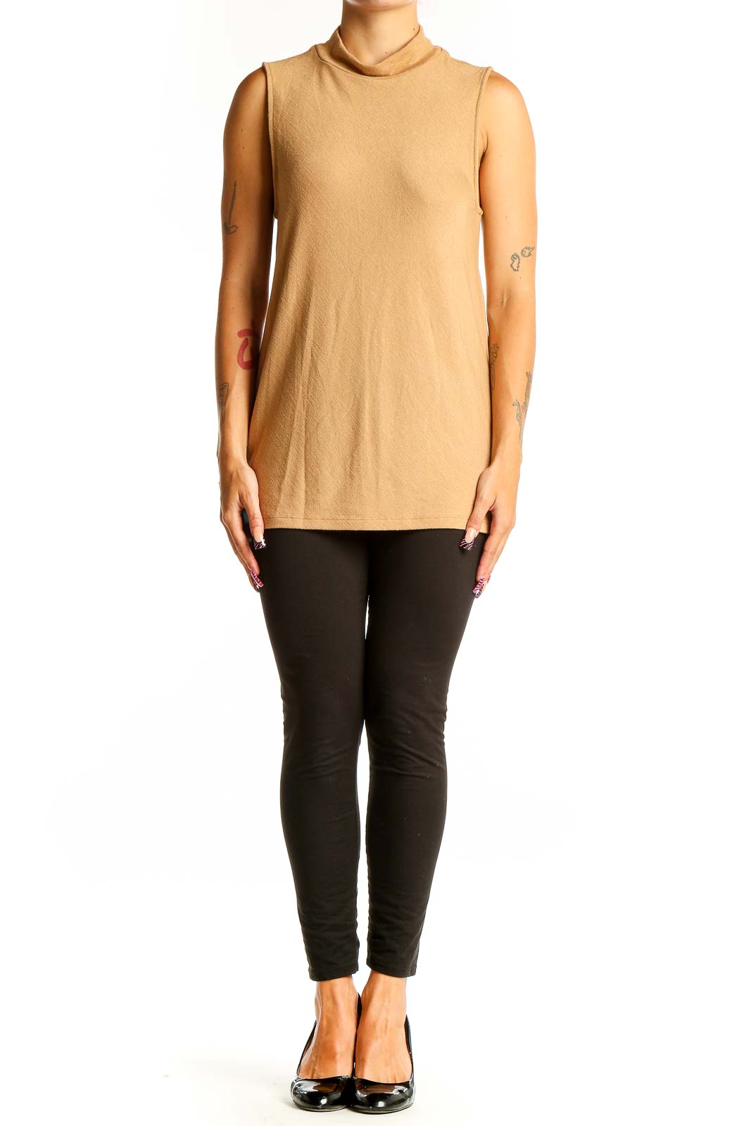Front view of camel sleeveless mock neck top from Banana Republic