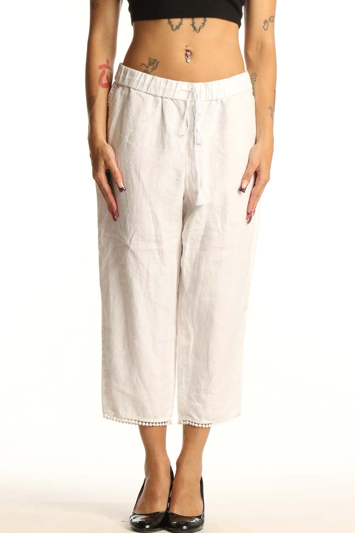 Front view of white linen cropped wide-leg pants from Talbots