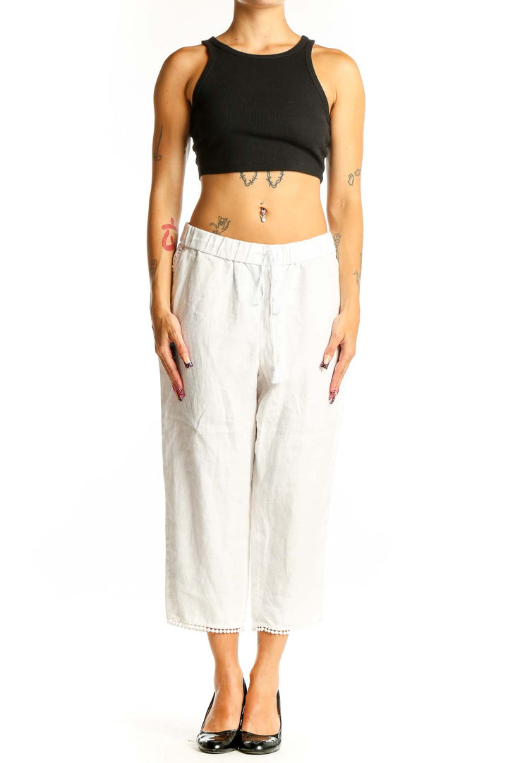 Front view of white linen cropped wide-leg pants from Talbots