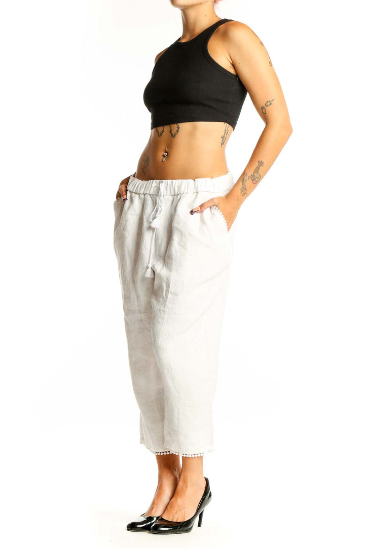 Front view of white linen cropped wide-leg pants from Talbots