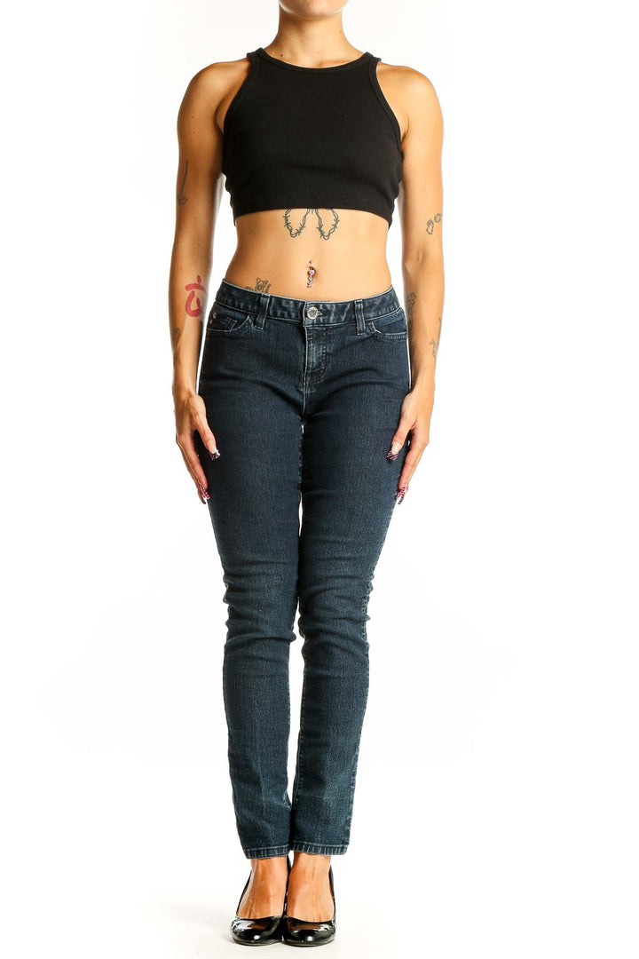 Front view of Michael Kors dark blue slim-fit jeans on model