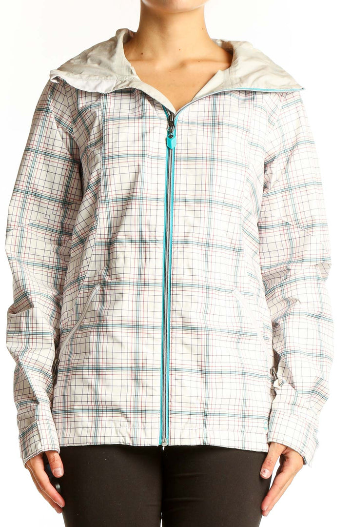 Front view of white plaid Burton polyester hooded jacket with teal zipper