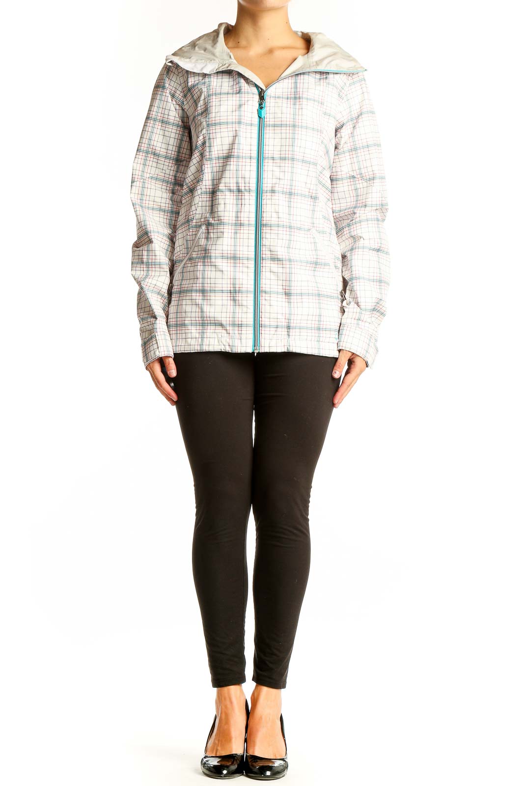 Front view of white plaid Burton polyester hooded jacket with teal zipper