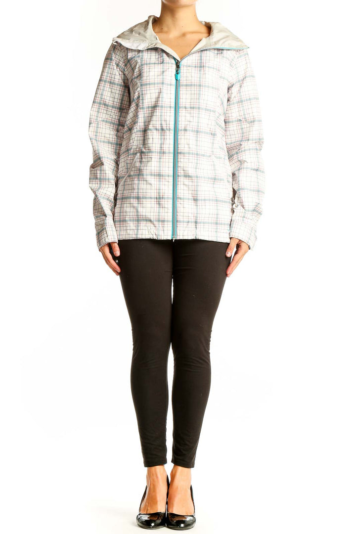 Front view of white plaid Burton polyester hooded jacket with teal zipper