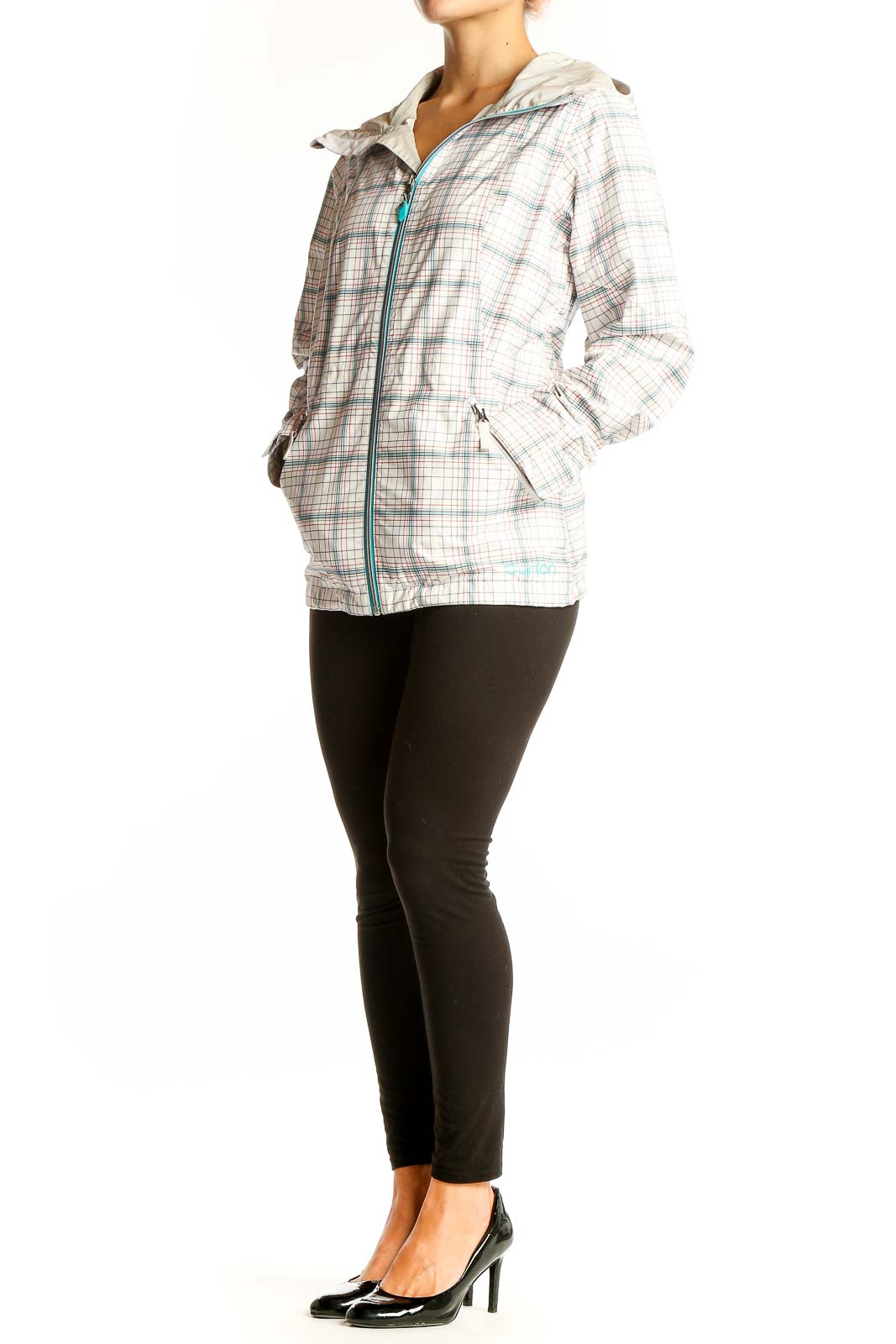 Front view of white plaid Burton polyester hooded jacket with teal zipper