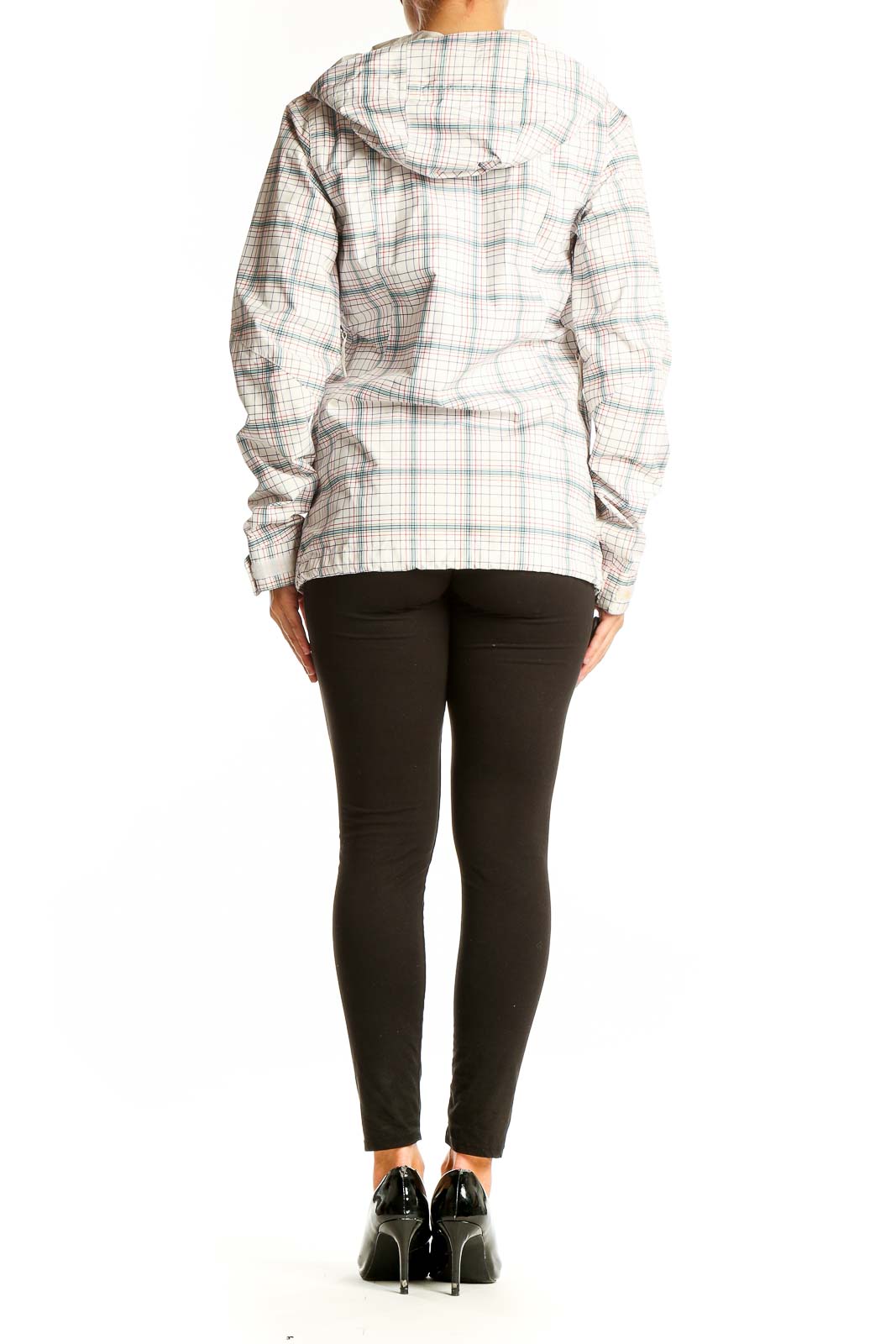 Side view of white plaid Burton polyester hooded jacket on model