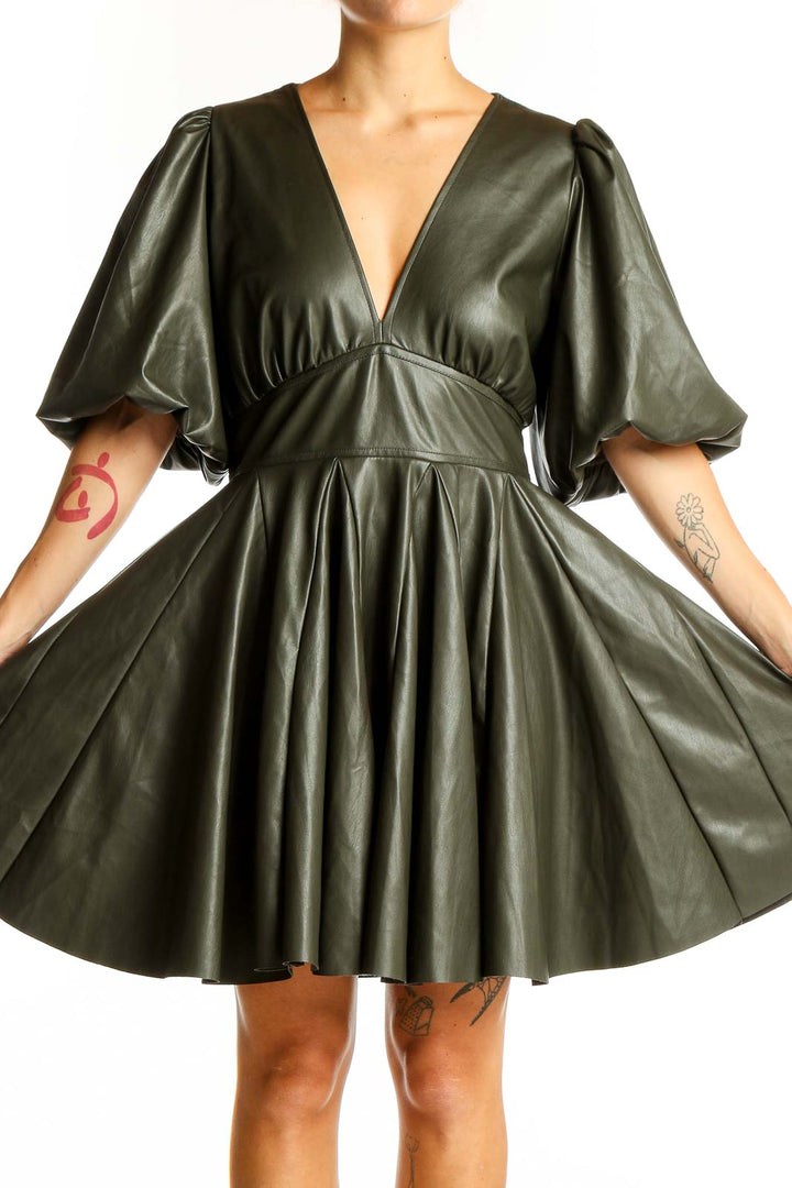 Front view of olive faux leather puff sleeve dress from Express