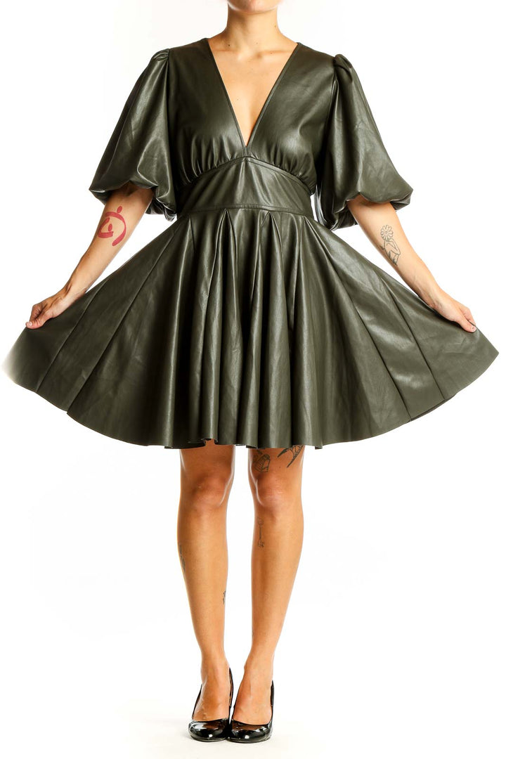 Front view of olive faux leather puff sleeve dress from Express
