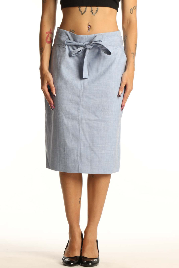 Front view of light blue Banana Republic belted midi skirt