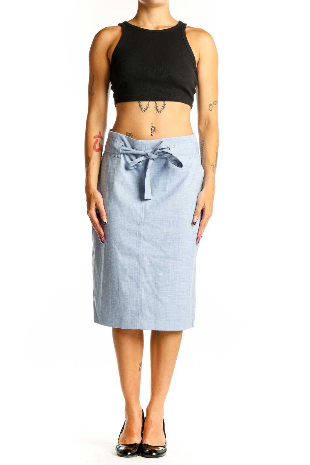 Front view of light blue Banana Republic belted midi skirt