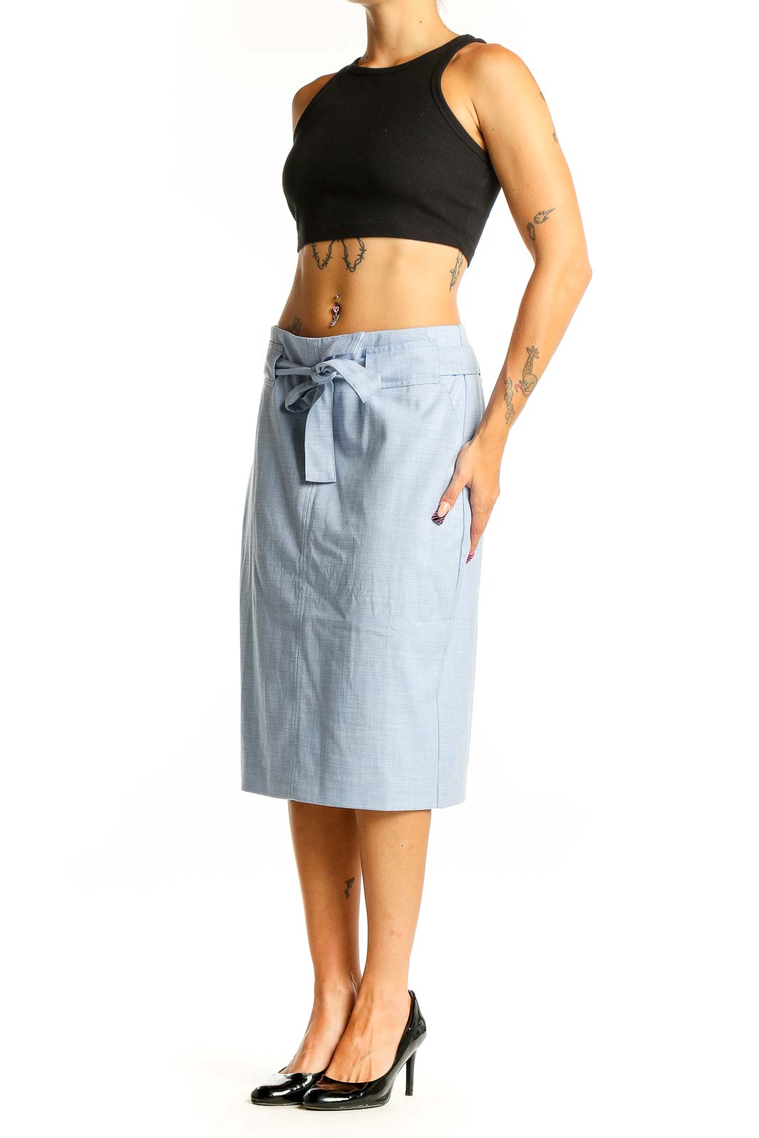 Front view of light blue Banana Republic belted midi skirt