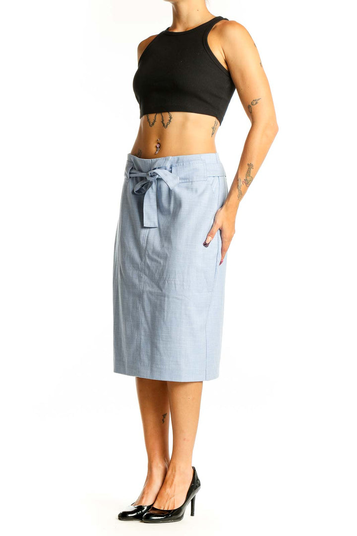 Front view of light blue Banana Republic belted midi skirt