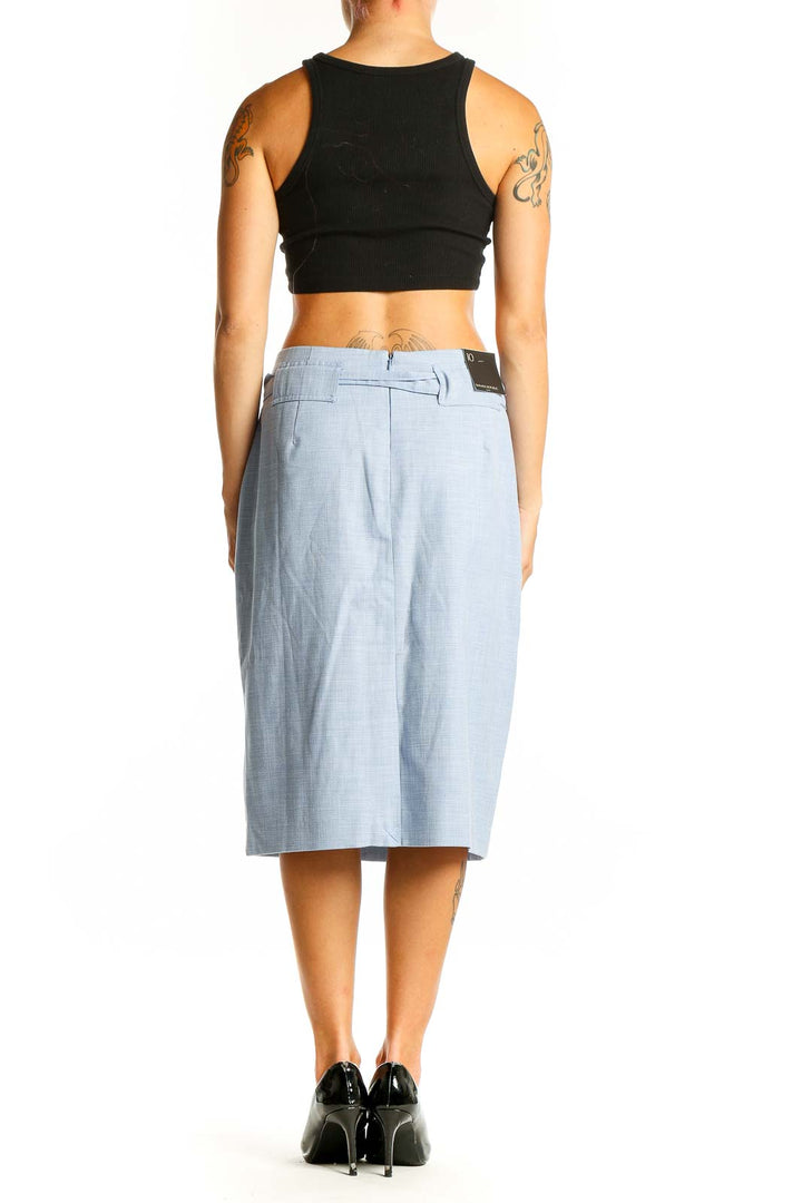 Side view of light blue Banana Republic belted midi skirt on model