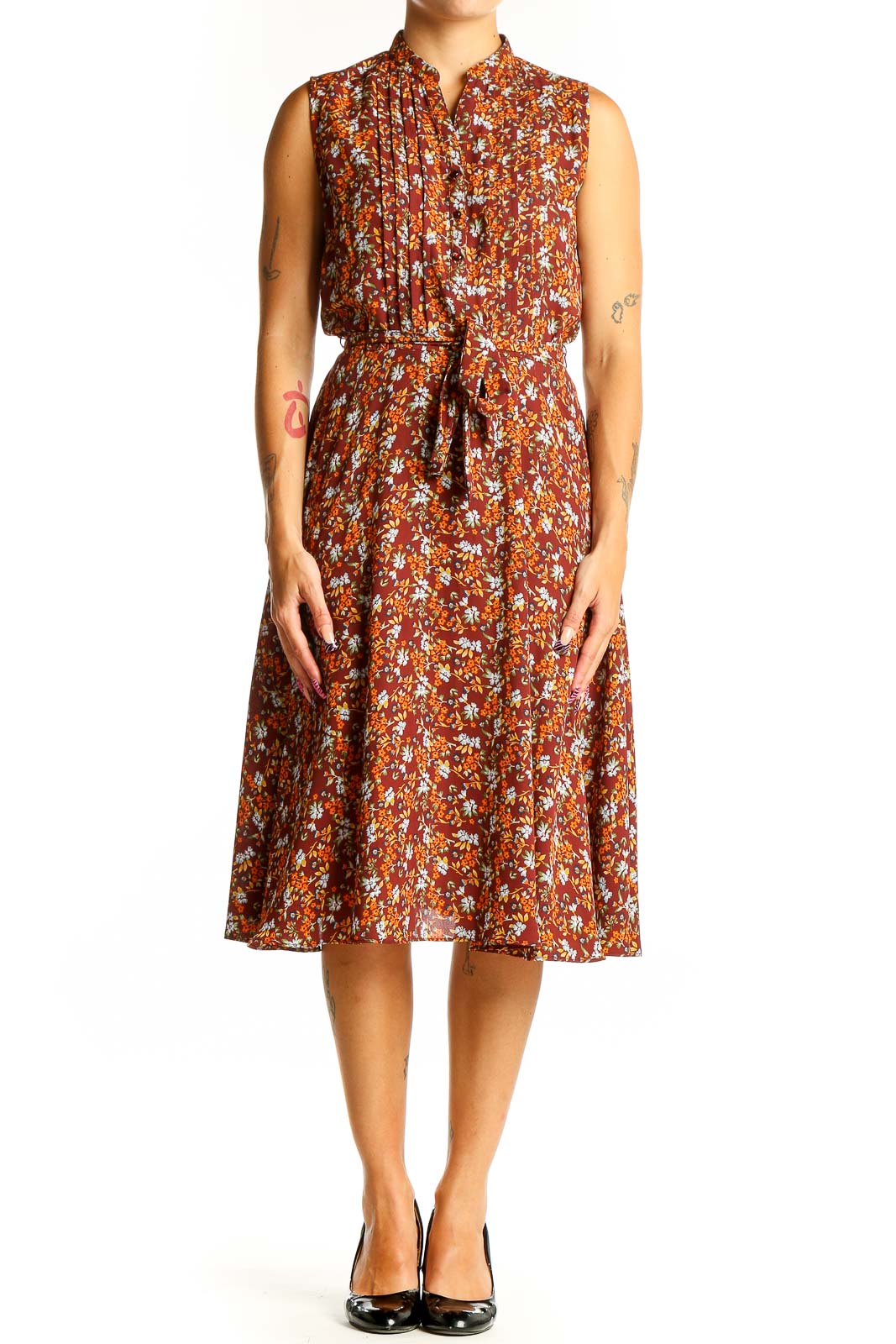 Front view of Nanette Lepore rust floral print sleeveless midi dress with tie belt