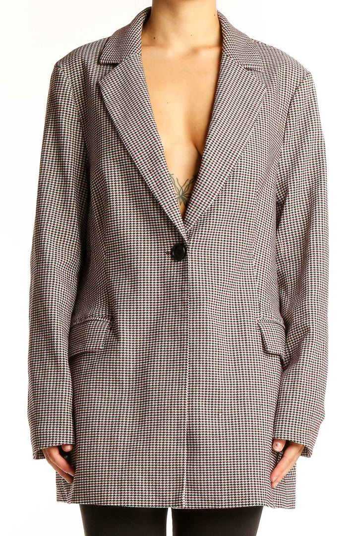Front view of Adrianna Papell brown houndstooth check oversized blazer