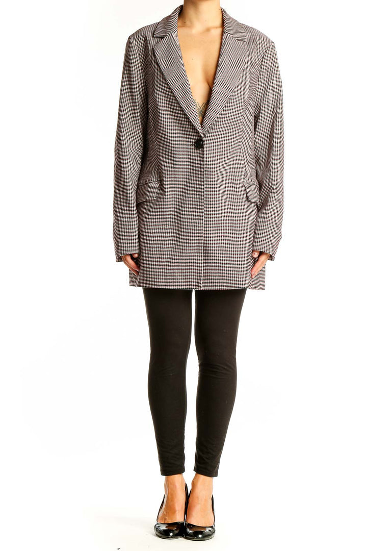 Front view of Adrianna Papell brown houndstooth check oversized blazer