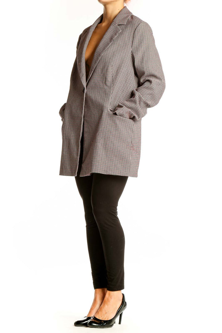 Front view of Adrianna Papell brown houndstooth check oversized blazer