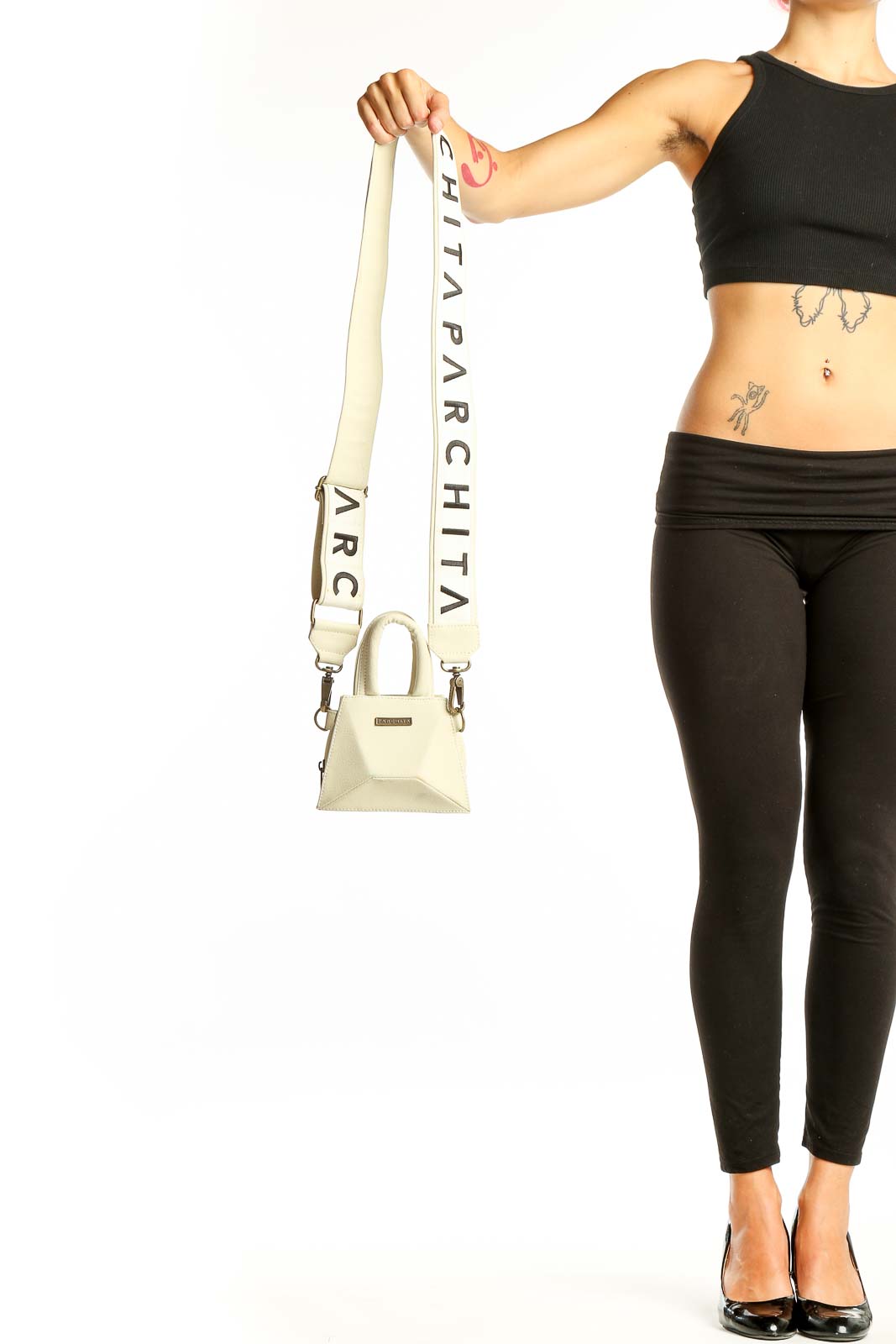 PARCHITA cream mini crossbody bag with logo strap front view