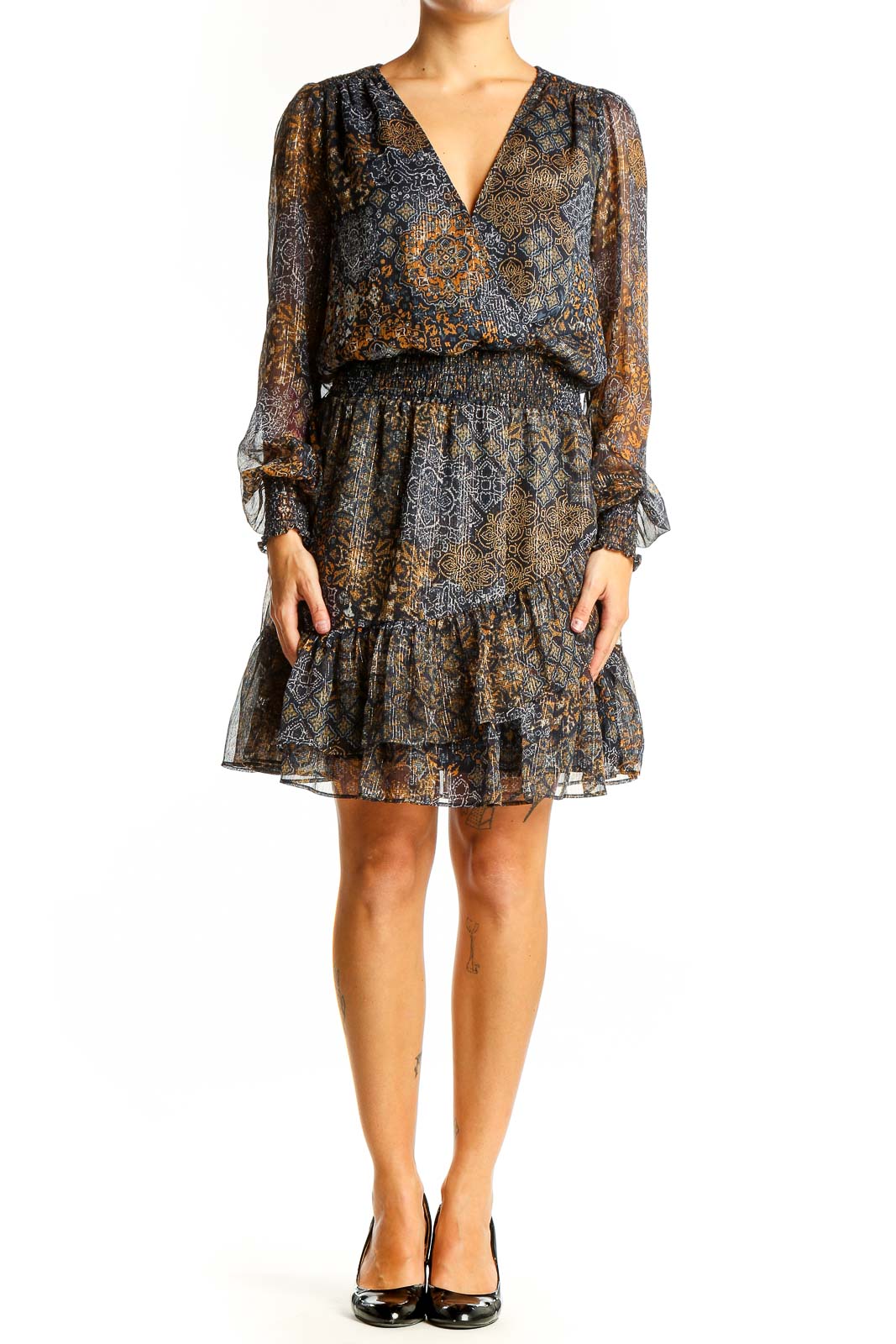 Front view of Michael Kors navy floral chiffon cocktail dress with V-neck and ruffle skirt