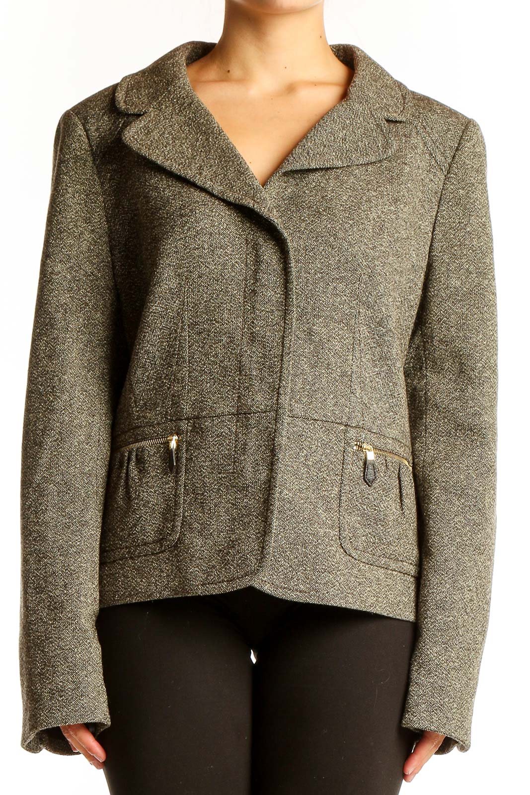 Front view of Ann Taylor gray textured cropped blazer with asymmetrical closure