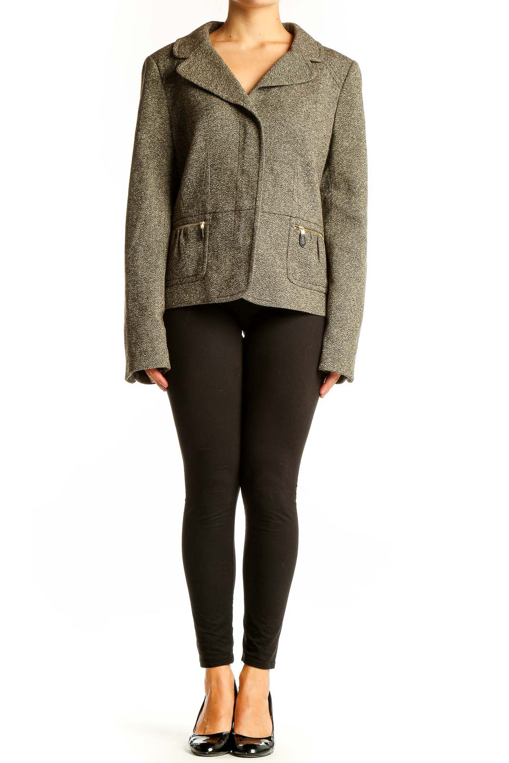 Front view of Ann Taylor gray textured cropped blazer with asymmetrical closure