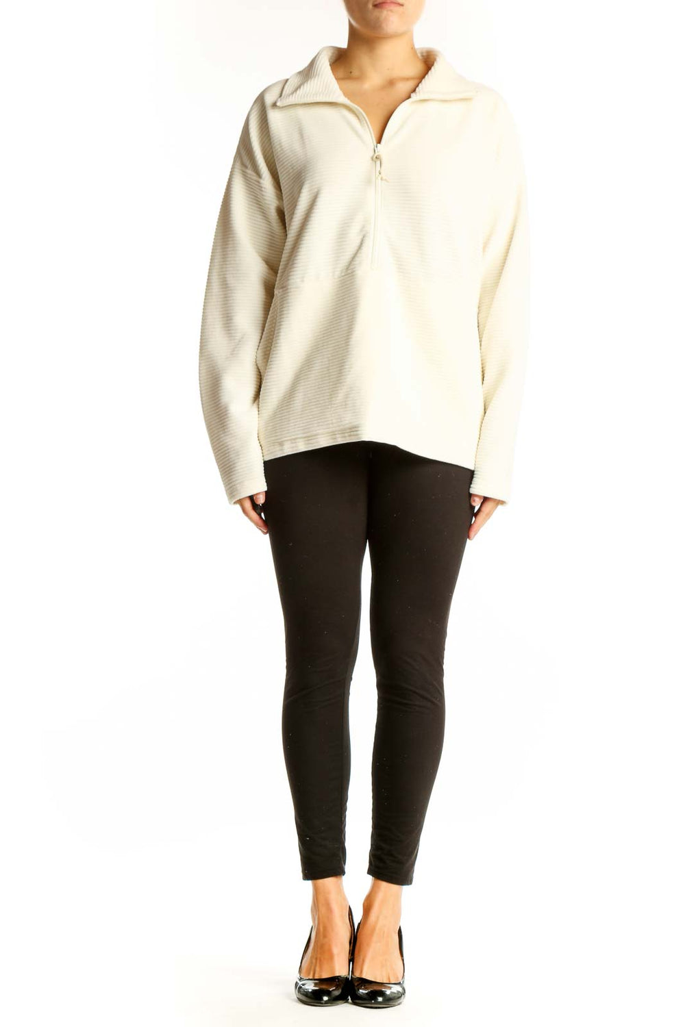 Front view of cream ribbed half-zip pullover jacket from L.L.Bean