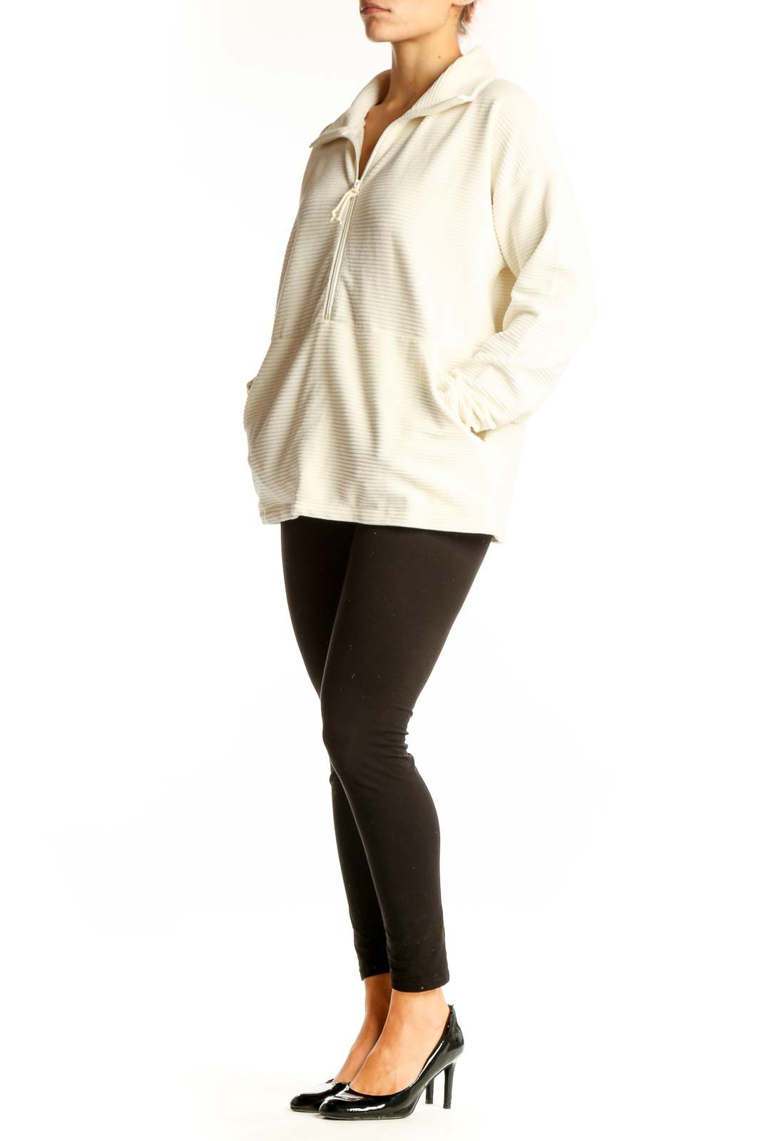 Front view of cream ribbed half-zip pullover jacket from L.L.Bean