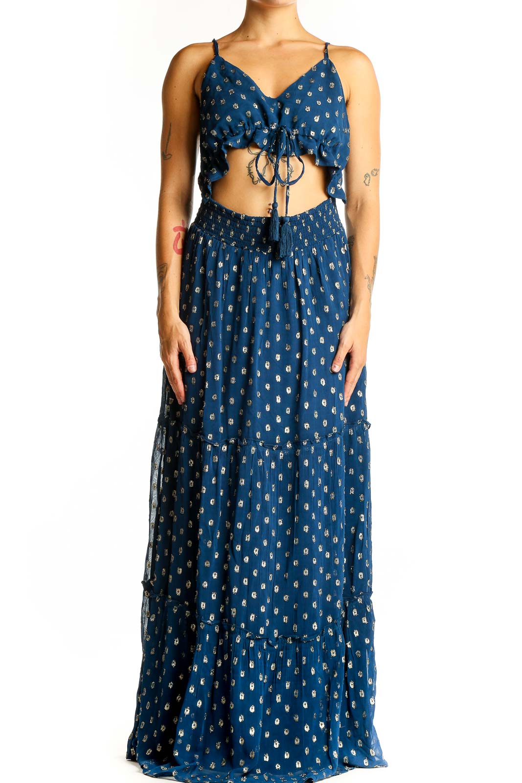 Front view of En Creme blue metallic polka dot maxi dress with cut-out design