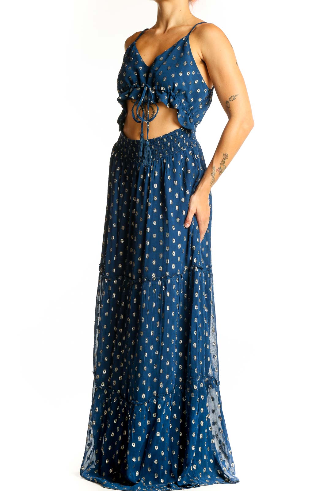 Front view of En Creme blue metallic polka dot maxi dress with cut-out design